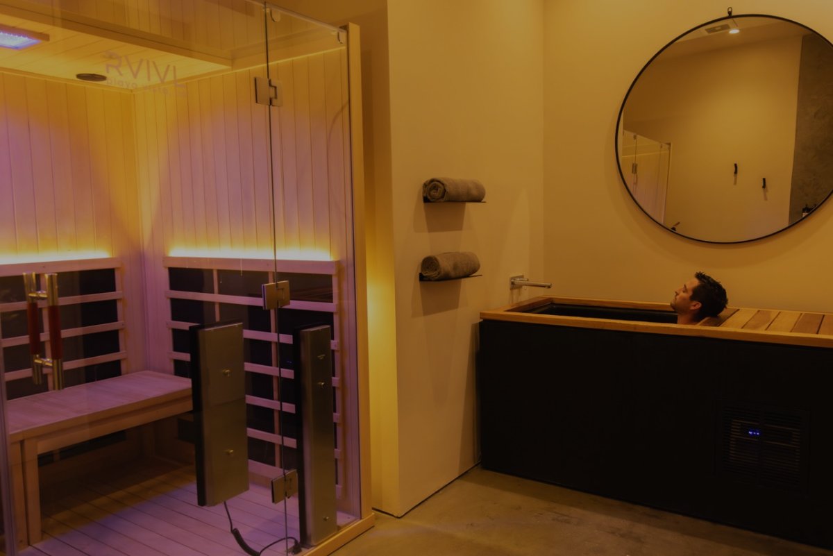 The sauna cabin and cold plunge in one suite, a guest in the plunge