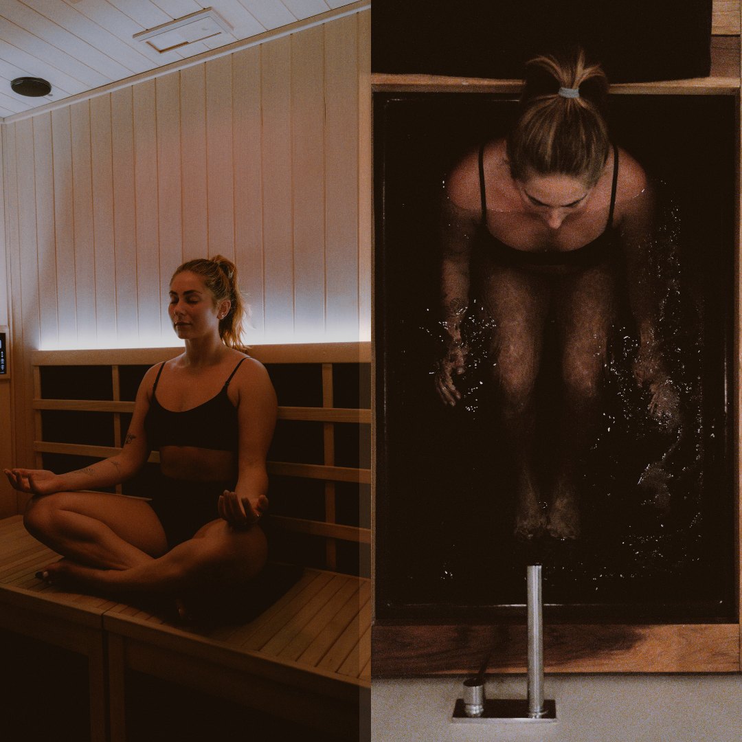 The same guest meditating in the infrared sauna, then seated in the cold plunge